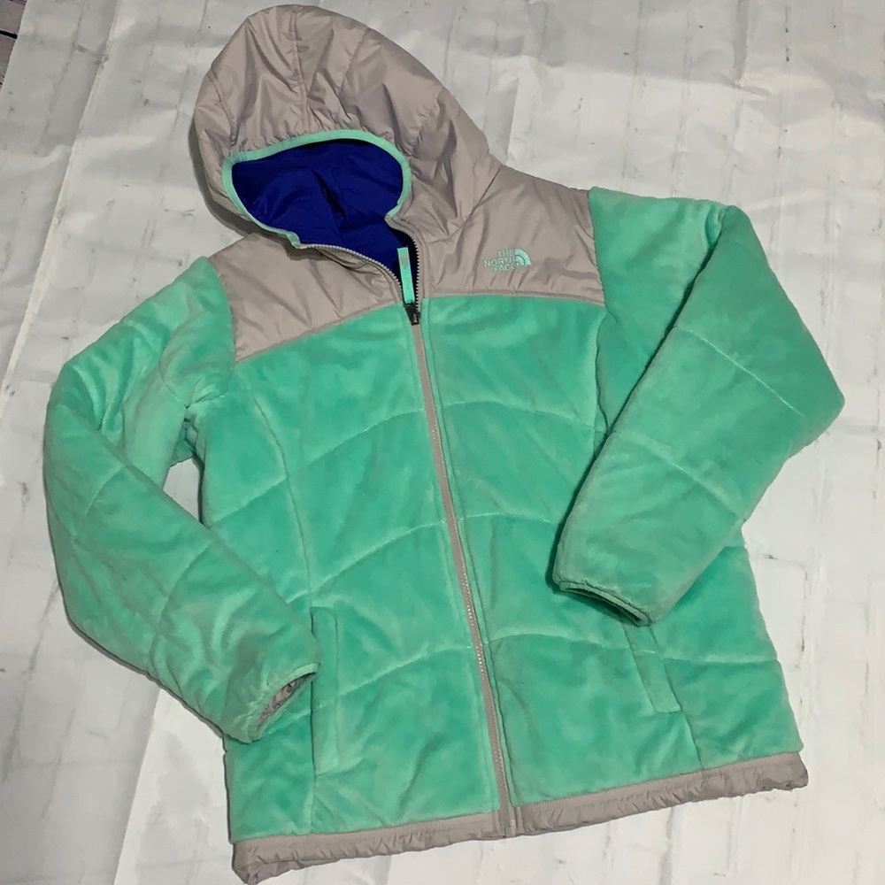 North Face teal/blu/grey girls XL coat/ reversible